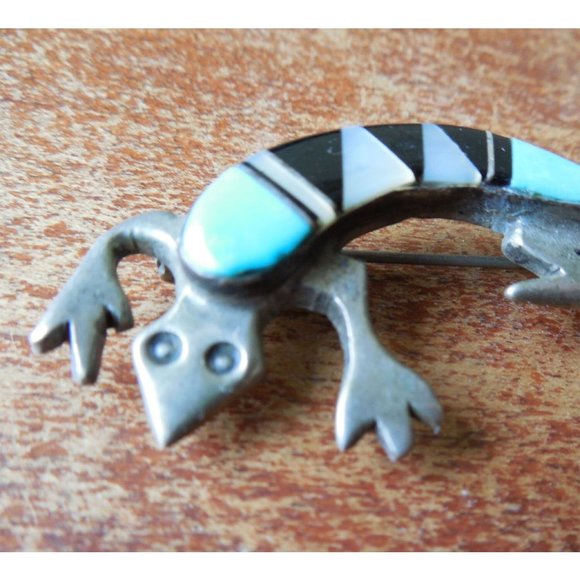 Native American Navajo Lizard Brooch Signed M - Picture 2 of 3